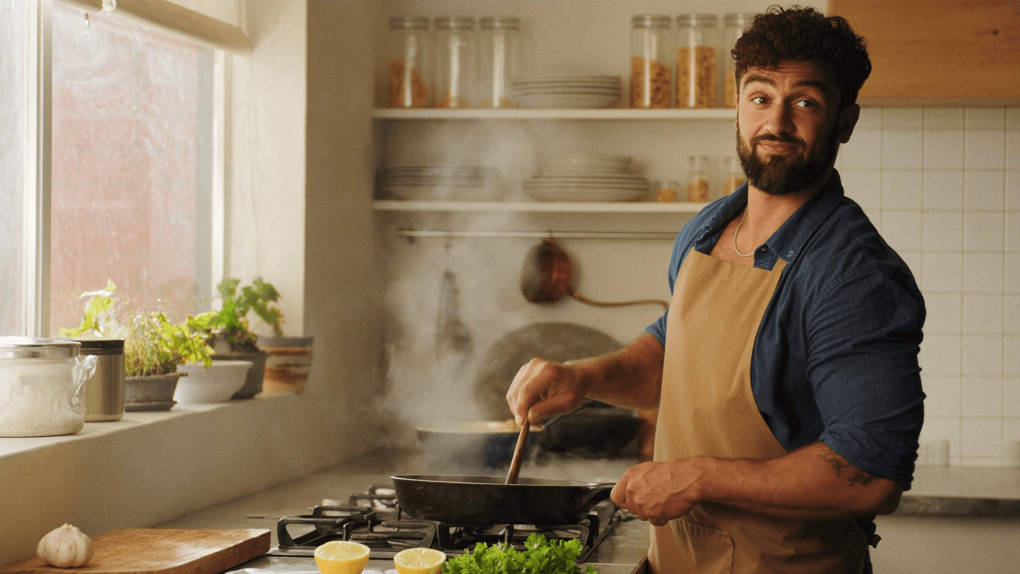 A creator cooking in his kitchen